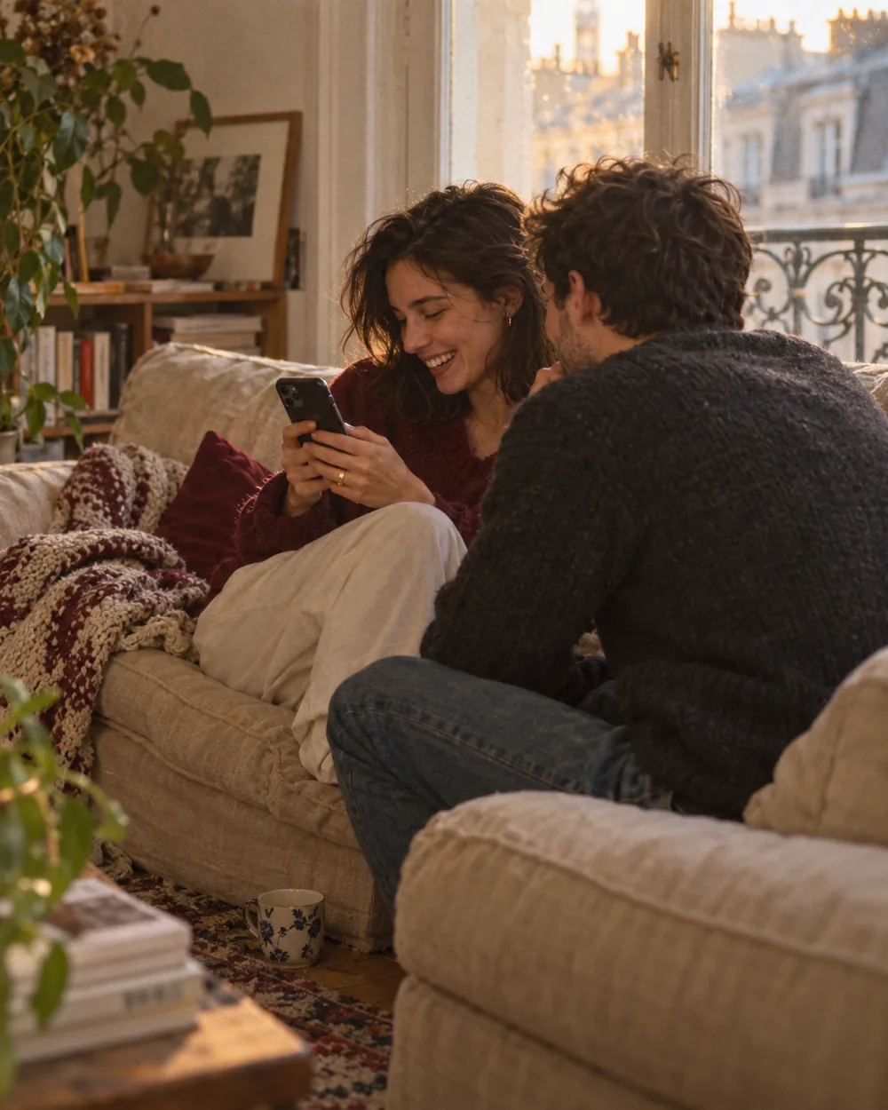 Un couple sur un canapé, elle rit en regardant son téléphone, il se penche vers elle